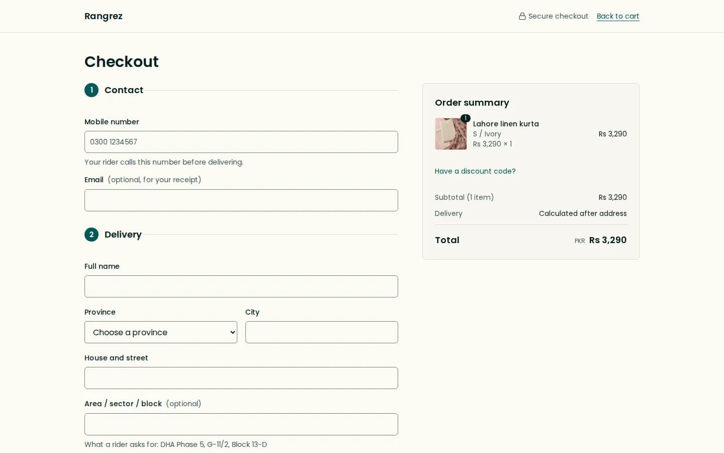 A store's checkout on desktop, with delivery details and cash on delivery