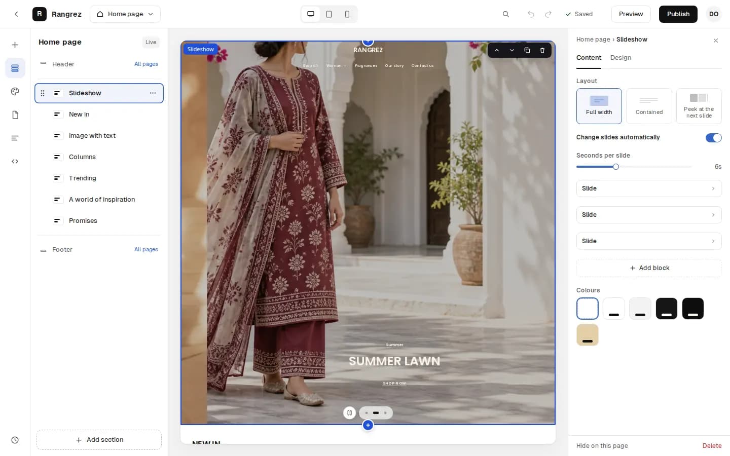 The website editor with a fashion store's home page open: sections on the left, the live page in the middle and the selected section's settings on the right